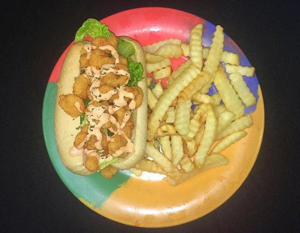 Shrimp Po Boy Sandwich · Fried only. Served with lettuce, tomato, pickle, onion and your choice of either fries, coleslaw, applesauce or mac and cheese.