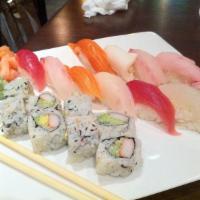 Sushi Deluxe · Ten pieces sushi and one piece California roll. 