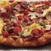 Wombo Combo Pizza · Primo pepperoni, linguica, Italian sausage, crisp bacon, mushrooms, Roma tomatoes, artichoke...