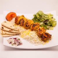 4. Chicken Tenderloin Shish Kabob · Served with fresh bread, salad, tzatziki and saffron rice.