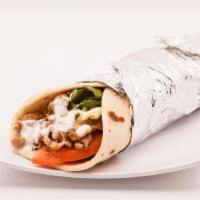15. Chicken Shawarma Wrap · Served with lettuce, tomatoes, pickles and garlic sauce. Served with choice of rice, fries o...