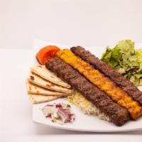 9. 3 Ground Skewers · Served with fresh bread, salad, tzatziki and saffron rice.