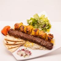 The Mix · 1 chicken tenderloin skewer and 1 ground beef skewere.  Served with fresh bread, mini salad,...