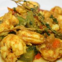 Spicy Basil Shrimp · Hot and spicy.