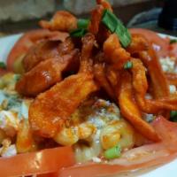 Buffalo Mac · Buffalo chicken strips on our signature mac topped with bleu cheese crumbles, tomatoes and g...