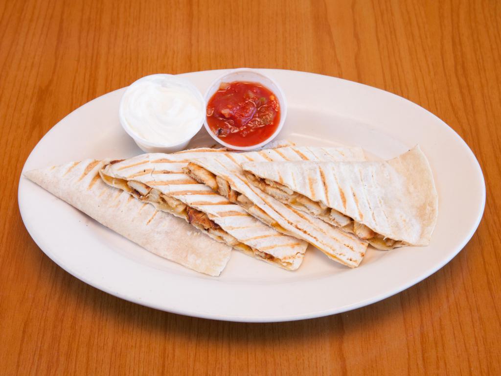 Chicken Quesadilla · Jack and cheddar cheese. Served with side of sour cream and salsa.