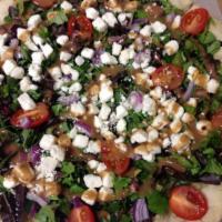 Salad Pizza · Pizza crust with melted mozzarella topped with mixed greens, tomatoes, red onions, feta chee...