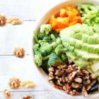 Healthy Bowl · Mixed greens, sweet potatoes, avocado, celery, brown rice, raw broccoli, apples, walnuts. Dr...