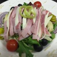 Antipasto Salad · Fresh, crisp mixed lettuce topped with ham, salami, provolone cheese, black olives, tomatoes...