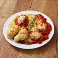 Chicken Cutlet Parmigiana · With Spaghetti.
