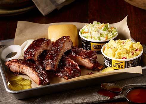 Pork Rib Plate · Slow-smoked and rubbed with our Dickey's rib rub, served with 2 sides and a roll