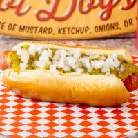 All American Dog · 1/5 lb all beef hot dog topped with Ketchup, Mustard, Relish, and Onions