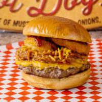BBQ Pork Burger · All Angus Beef Patty, BBQ Pork, Shredded Cheddar Cheese, Onion Rings, BBQ Sauce and Mugsy Sa...