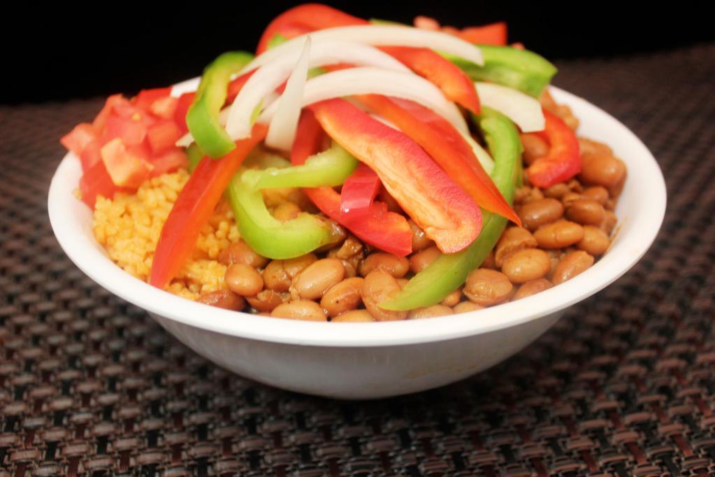 Fajita Veggie Bowl · Fajita veggies, rice, pinto or black beans and pico de gallo.