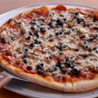 The Works Pizza · Pepperoni, sausage, mushrooms, olives, and onions. 