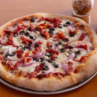 Greek Pizza · Black olives, red onions, sun-dried tomatoes, and feta cheese.
