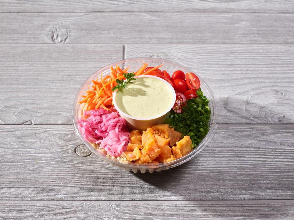 Create Your Own Bowl · Choice of Base 
Choice of 5 Toppings 
Choice of Dressing 
Add a protein! 