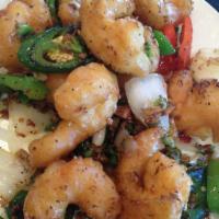Salt and Pepper Shrimp · Deep-fried shrimp sauteed with salt, pepper and jalapenos. Spicy.