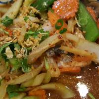 73. Ginger Salmon · Steam or deep fried salmon fillet topped with stir fried fresh ginger root, carrots, celery,...