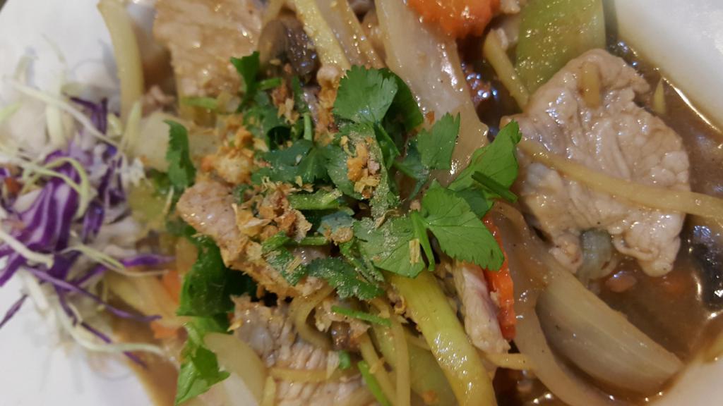 50. Ginger · Fresh ginger root, carrot, celery, onion, bean sauce, bell pepper and mushroom. Served with steamed rice.