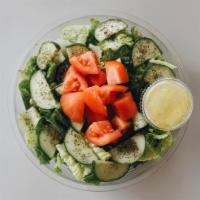 Lebanese Salad · Romaine lettuce, cucumber, tomato and dried mint. Mixed with lemon juice, garlic and olive o...