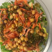 House Salad · Romaine lettuce, cucumber, tomato, garbanzo beans, carrot, onion, parsley and jalapenos. Mix...