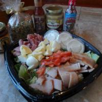 Master Chef Salad · Fresh lettuce, HoneyBaked ham, roasted turkey, hardboiled egg, tomatoes, carrots. Comes with...