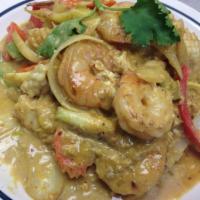 Seafood Spice · Shrimp, squid and scallop stir-fried in chili sauce, yellow curry powder, onion, green onion...