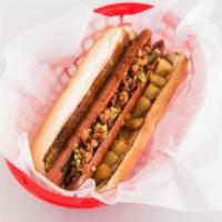 Pineapple Upside Down Dog · Butterflied 1/4 lb. hot dog with grilled pineapple, bacon bits, teriyaki glaze, and 5 pepper...