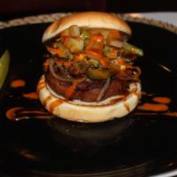 Screamin' Vegan Demon Burger · Vegan Beyond burger, 5 pepper mix, grilled onion and peppers, pineapples, mushrooms, wing sa...