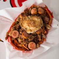Proper Fries · A big basket of sweet potato fries with chili, grilled onions and peppers, pastrami, 2 fried...