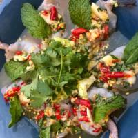Raw Shrimp Salad กุ้งแช่น้ำปลา · Traditional Thai raw shrimp salad, chili, garlic, cilantro bitter gourd with spicy and sour ...