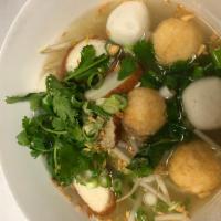 Noodle Soup ก๋วยเตี๋ยวน้ำใส · Rice noodle with clear broth, minced pork, fish ball, shrimp ball, bean sprouts, scallion an...