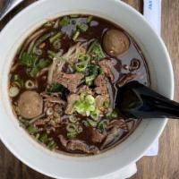 Boat Noodle Beef ก๋วยเตี๋ยวน้ำตกเนื้อ · Rice noodle with beef, beef ball and tripe in dark blood soup.