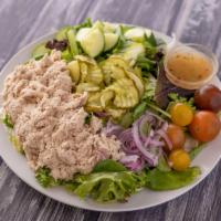 White albacore Tuna Salad · A hefty scoop of white albacore tuna atop a bed of fresh greens, tomatoes, red opinions and ...