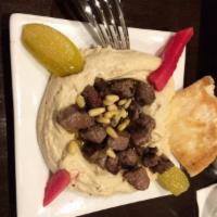 Hummus with Meat Entree · Hummus, beef, pine nuts and olive oil.