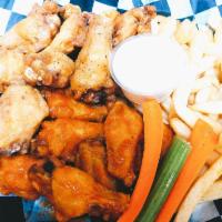 20 Double Wings · Choice of up to 2 sauces and 1 side(out of potato wedges an potato salad until 10-15)