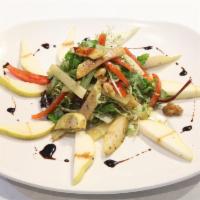Delizia del Contadino Salad · Mixed greens tossed with walnuts, pear and Tuscan pecorino cheese in a light balsamic dressi...