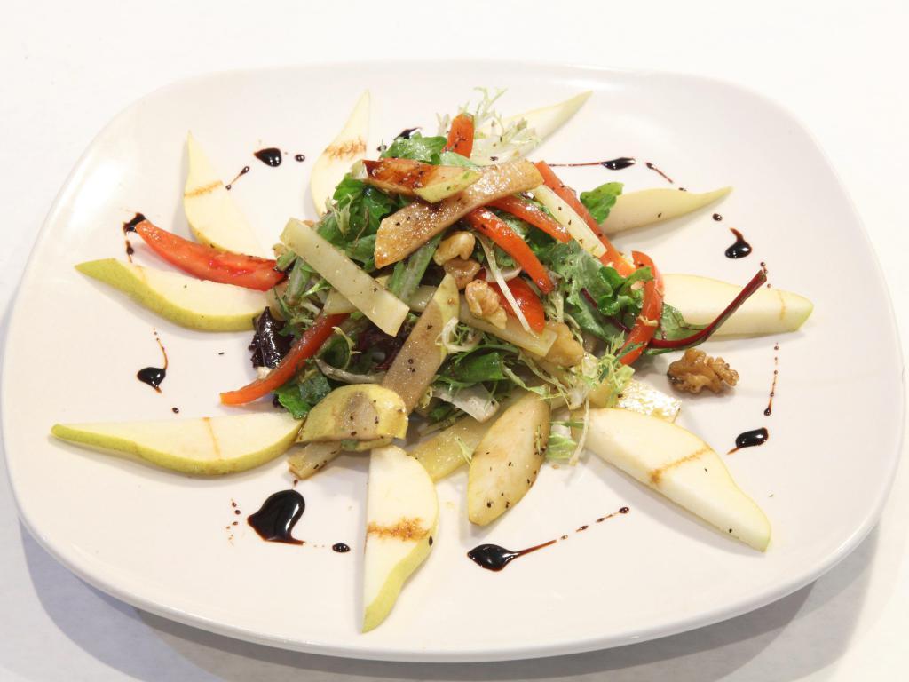 Delizia del Contadino Salad · Mixed greens tossed with walnuts, pear and Tuscan pecorino cheese in a light balsamic dressing.