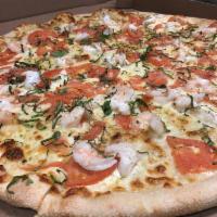 13. Shrimp Scampi Pizza · Olive oil, garlic, tomatoes, basil and parsley.