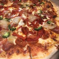 15. The Fireside Pizza · Garlic, pepperoni, caramelized onions, roasted red peppers, sprinkled red chili pepper flake...