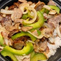 Sausage Pepper Onion Bowl · Sausage, peppers & onions served over rice