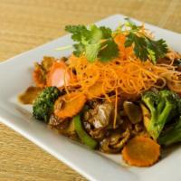 37. Pad Kee Mow · Drunken noodles. Sauteed wide flat noodles with broccoli, carrots, tomatoes, eggs and fresh ...