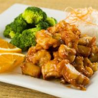 C5. Orange Chicken · Fried chicken with orange sauce served with steamed broccoli. Served with steamed white rice.