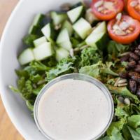 The Krazy Kale Bowl (V) · Vegan and gluten-free. Quinoa, shredded kale, black beans, cherry tomatoes, cucumber, sunflo...