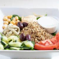 The Odyssey Bowl (V) · Vegan and gluten free. Quinoa, spinach, hummus, chickpeas, artichoke tapenade, cherry tomato...