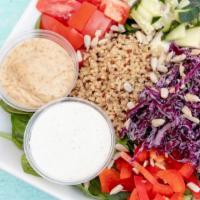 The Love Bite Salad (V) · Completely vegan. Cucumbers, diced tomatoes, chickpeas, quinoa, romaine, spinach, bell peppe...