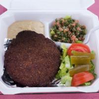 Kibbeh Plate with Tabouli and Hummus · Kibbeh meat, hummus, tabouli, tomatoes, lettuce, pickle and pita bread.