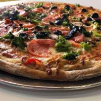 Vegetarian Pizza · Mushrooms, red onions, peppers, olives, broccoli and fresh tomatoes. Vegetarian.