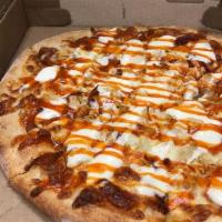 Classic Buffalo Chicken Pizza · Marinated grilled chicken, blue cheese, bacon, and Buffalo sauce.